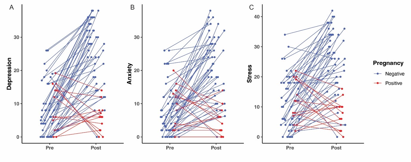 Changes in levels of depression, anxiety, and stress according to DASS-21 for each participant